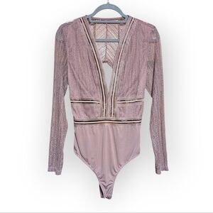 Lulus Casita Sheer Lace Long Sleeve Bodysuit Mauve Rose Nylon Spandex Fantasy
